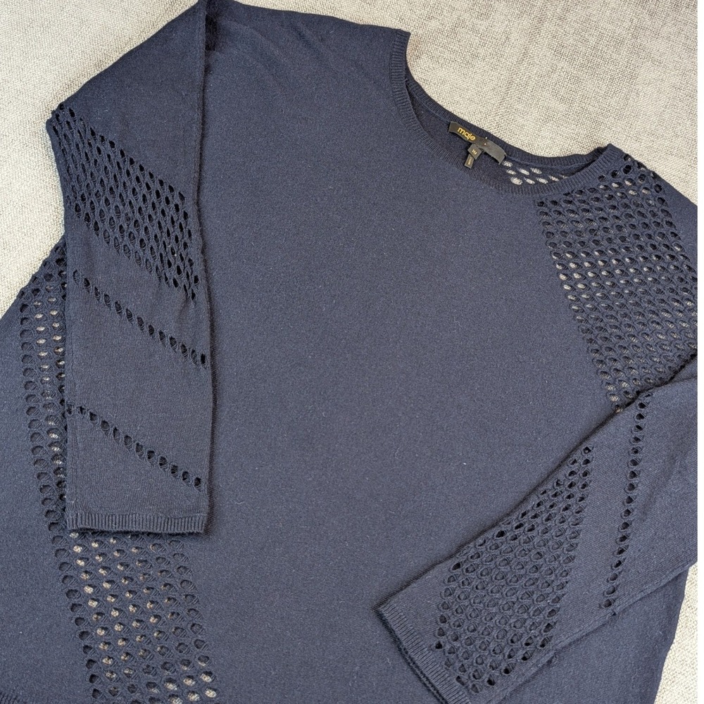 Maje Sweater Womens TU Navy Blue Gressin Open Knit Crochet Merino Cashmere Blend
